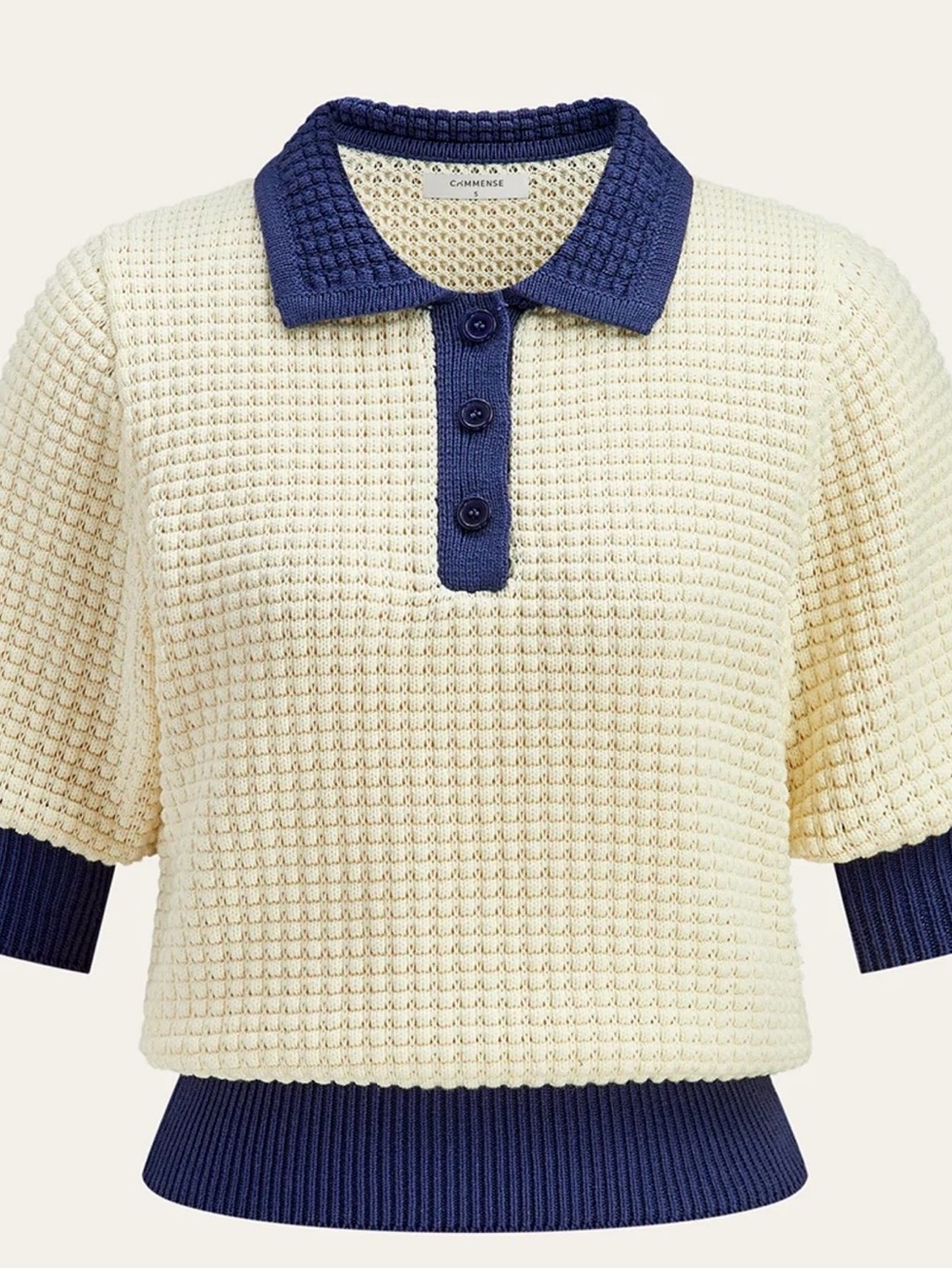 Comense Cream Knit Polo Top with Navy Trim